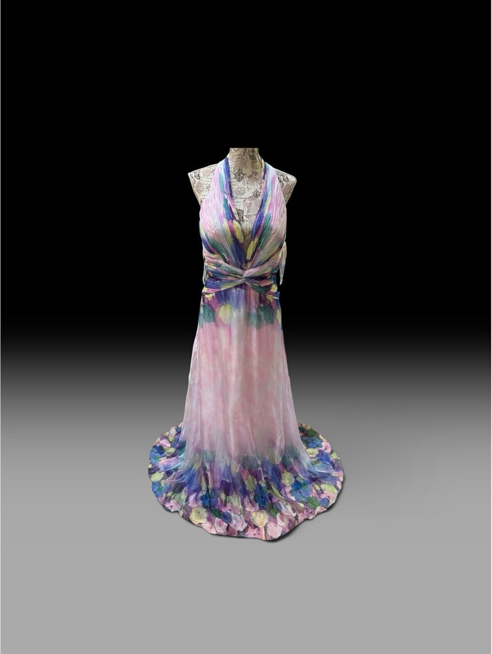 Tony Bowls  Gown Vibrant Water Color Style Floral Silk Formal Bohochic NWT Sz 14